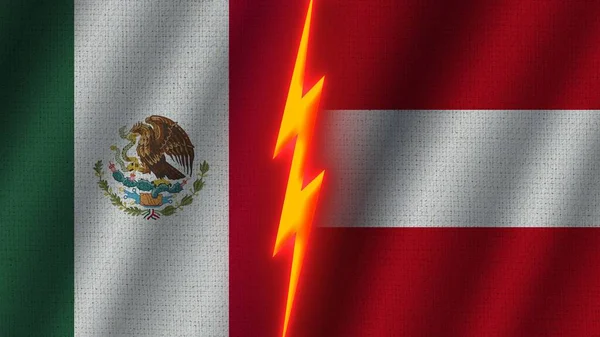 Österrike Och Mexiko Flaggor Tillsammans Vågig Tyg Textur Effekt Neon — Stockfoto