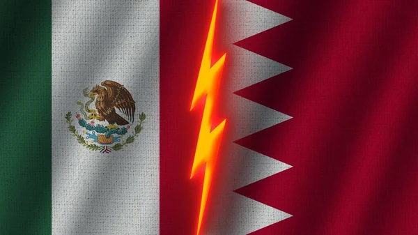巴林和墨西哥国旗在一起 瓦伊织物纹理效果 霓虹灯效果 闪光雷声图标 危机概念 3D插图 — 图库照片