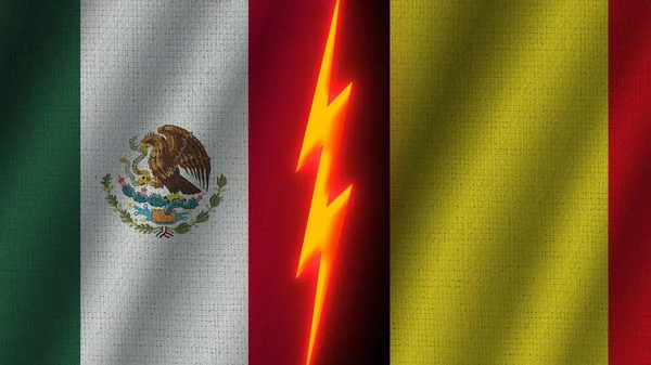 Belgium Mexico Flags Together Wavy Fabric Texture Effect Neon Glow — стокове фото