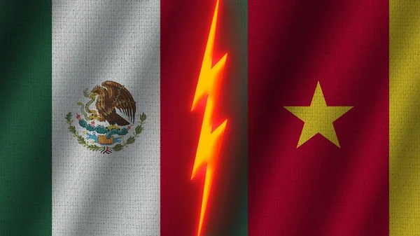 Kamerun Mexiko Vlajky Dohromady Vlnitá Tkanina Textura Efekt Neonové Záře — Stock fotografie