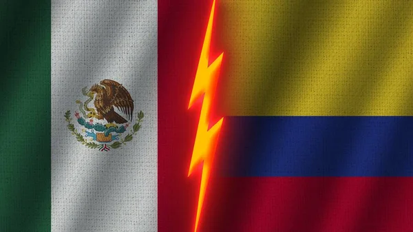 哥伦比亚和墨西哥国旗在一起 波威织物纹理效果 霓虹灯效果 闪光雷声图标 危机概念 3D插图 — 图库照片