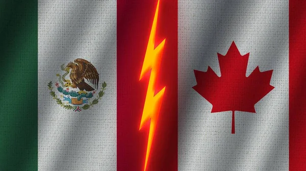 Canada and Mexico Flags Together, Wavy Fabric Texture Effect, Neon Glow Effect, Shining Thunder Icon, Crisis Concept, 3D Illustration