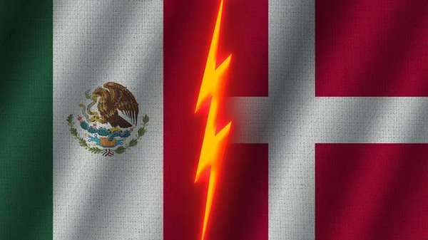Danmark Och Mexiko Flaggor Tillsammans Vågiga Tyg Textur Effekt Neon — Stockfoto