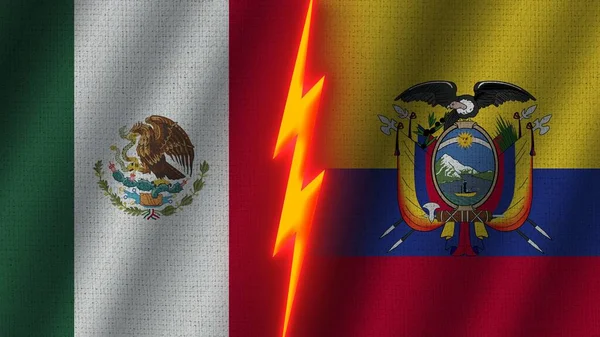 厄瓜多尔和墨西哥国旗在一起 瓦伊织物纹理效果 霓虹灯效果 闪光雷声图标 危机概念 3D插图 — 图库照片