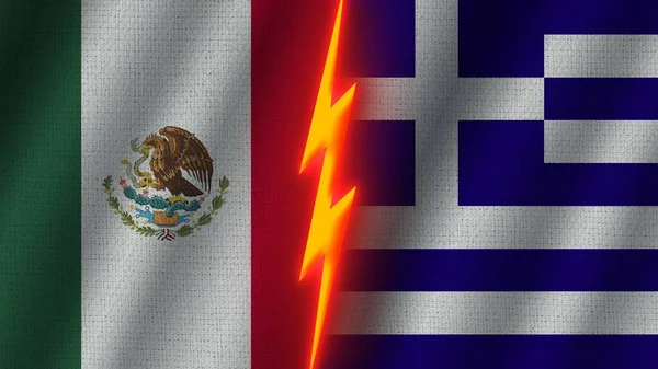 希腊和墨西哥国旗在一起 波威织物纹理效果 霓虹灯效果 闪光雷声图标 危机概念 3D插图 — 图库照片
