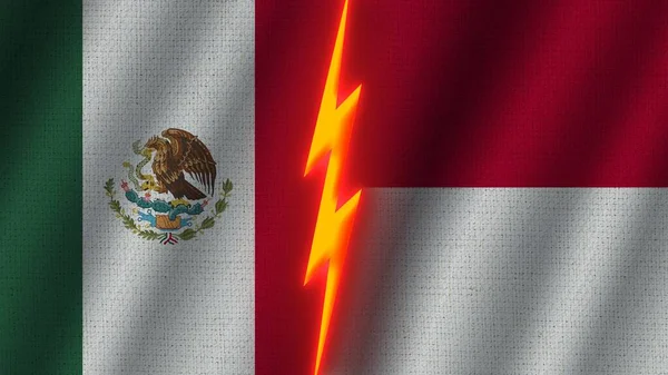 Indonesia Mexico Flags Together Wavy Fabric Texture Effect Neon Glow — 스톡 사진