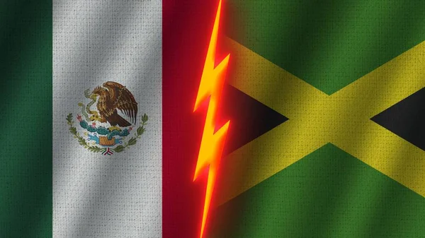 Jamaica Och Mexiko Flaggor Tillsammans Vågig Tyg Textur Effekt Neon — Stockfoto