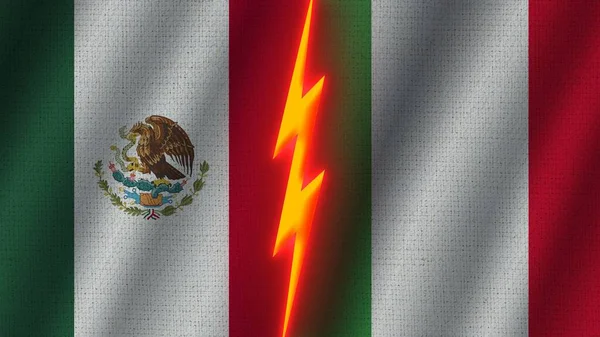 Italien Och Mexiko Flaggor Tillsammans Vågiga Tyg Textur Effekt Neon — Stockfoto