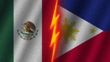Filipinler ve Meksika Bayrakları Birlikte, Dalgalı Kumaş Doku Efekti, Neon Parıltısı Efekti, Parlayan Şimşek Simgesi, Kriz Konsepti, 3D İllüstrasyon