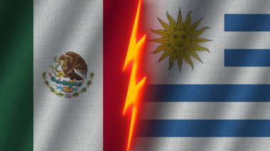 Uruguay ve Meksika Bayrakları Birlikte, Dalgalı Kumaş Doku Efekti, Neon Parıltısı Efekti, Parlayan Şimşek Simgesi, Kriz Konsepti, 3D İllüstrasyon