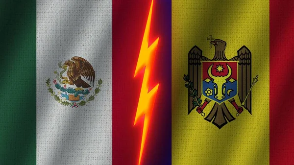摩尔多瓦和墨西哥国旗在一起 瓦伊织物纹理效果 霓虹灯效果 闪光雷声图标 危机概念 3D插图 — 图库照片