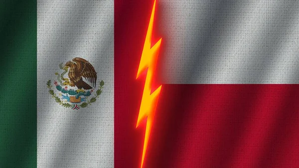 Polonya Meksika Bayrakları Birlikte Dalgalı Kumaş Doku Efekti Neon Parıltısı — Stok fotoğraf