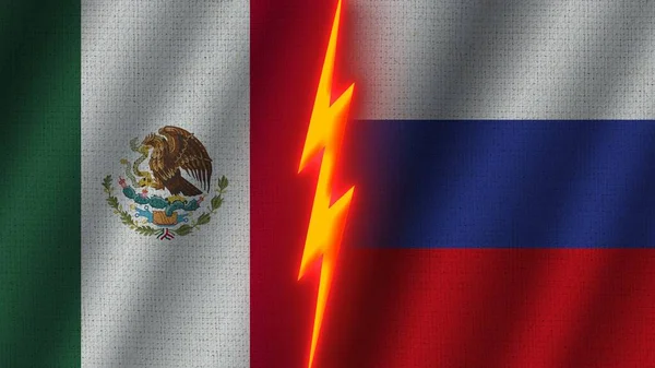 Ryssland Och Mexiko Flaggor Tillsammans Vågiga Tyg Textur Effekt Neon — Stockfoto