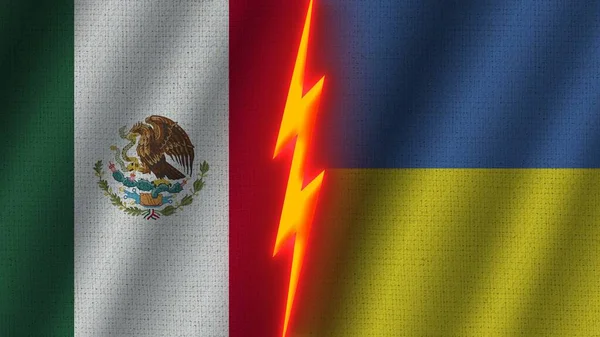 Ukraina Och Mexiko Flaggor Tillsammans Vågigt Tyg Textur Effekt Neon — Stockfoto