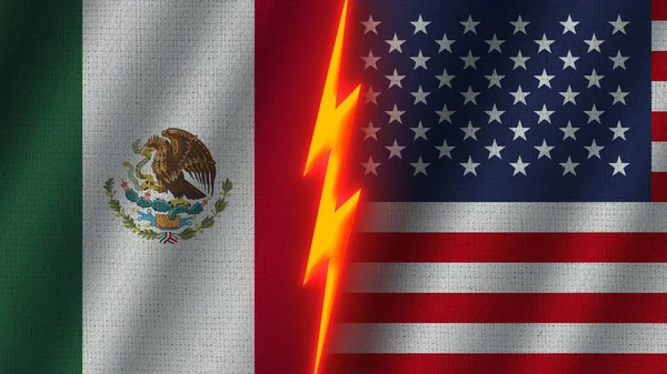 アメリカとメキシコの国旗一緒に 波織物テクスチャ効果 ネオングロー効果 輝く雷アイコン 危機概念 3Dイラスト — ストック写真