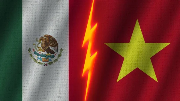 越南和墨西哥国旗连在一起 波纹织物纹理效果 霓虹灯效果 闪光雷声图标 危机概念 3D图解 — 图库照片