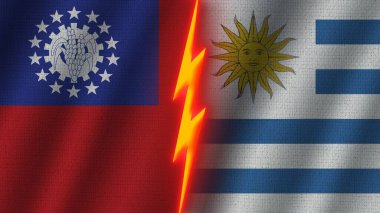 Uruguay ve Meksika Bayrakları Birlikte, Dalgalı Kumaş Doku Efekti, Neon Parıltısı Efekti, Parlayan Şimşek Simgesi, Kriz Konsepti, 3D İllüstrasyon