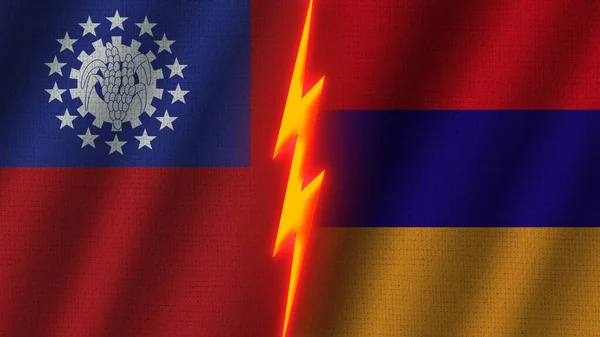 Armenien Och Mexiko Flaggor Tillsammans Vågiga Tyg Textur Effekt Neon — Stockfoto