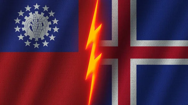 アイスランドとメキシコの旗一緒に 波織物テクスチャ効果 ネオングロー効果 輝く雷アイコン 危機の概念 3Dイラスト — ストック写真