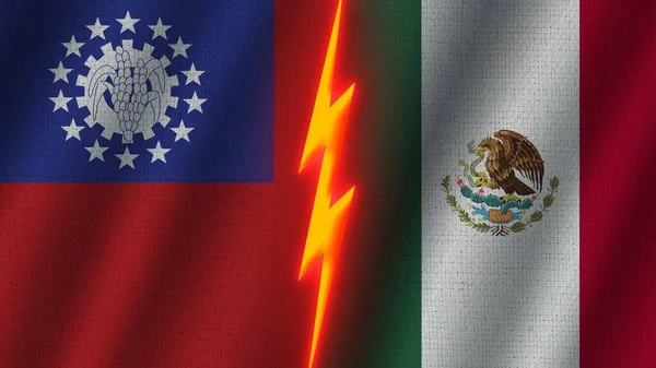 Mexiko Och Mexiko Flaggor Tillsammans Vågig Tyg Textur Effekt Neon — Stockfoto