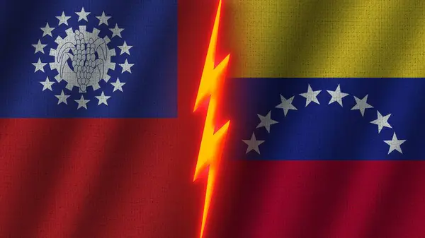 委内瑞拉和墨西哥国旗在一起 瓦伊织物纹理效果 霓虹灯效果 闪光雷声图标 危机概念 3D插图 — 图库照片