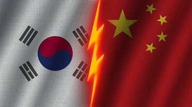 Çin ve Güney Kore Bayrakları Birlikte, Dalgalı Kumaş Doku Efekti, Neon Parıltısı Efekti, Parlayan Şimşek Simgesi, Kriz Konsepti, 3D İllüstrasyon