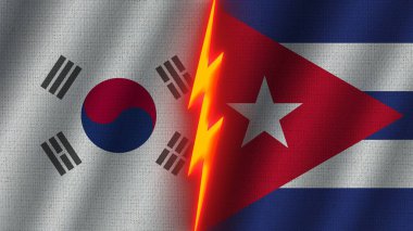 Küba ve Güney Kore Bayrakları Birlikte, Dalgalı Kumaş Doku Efekti, Neon Parıltısı Efekti, Parlayan Şimşek Simgesi, Kriz Konsepti, 3D İllüstrasyon