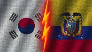 Ekvador ve Güney Kore Bayrakları Birlikte, Dalgalı Kumaş Doku Efekti, Neon Parıltısı Efekti, Parlayan Şimşek Simgesi, Kriz Kavramı, 3D İllüstrasyon