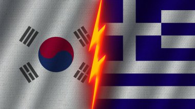 Yunanistan ve Güney Kore Bayrakları Birlikte, Dalgalı Kumaş Doku Efekti, Neon Parıltısı Efekti, Parlayan Şimşek Simgesi, Kriz Konsepti, 3D İllüstrasyon