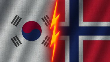 Norveç ve Güney Kore Bayrakları Birlikte, Dalgalı Kumaş Doku Efekti, Neon Parıltısı Efekti, Parlayan Şimşek Simgesi, Kriz Konsepti, 3D İllüstrasyon