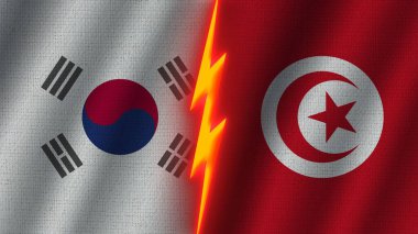 Tunus ve Güney Kore Bayrakları Birlikte, Dalgalı Kumaş Doku Efekti, Neon Parıltısı Efekti, Parlayan Şimşek Simgesi, Kriz Konsepti, 3D İllüstrasyon