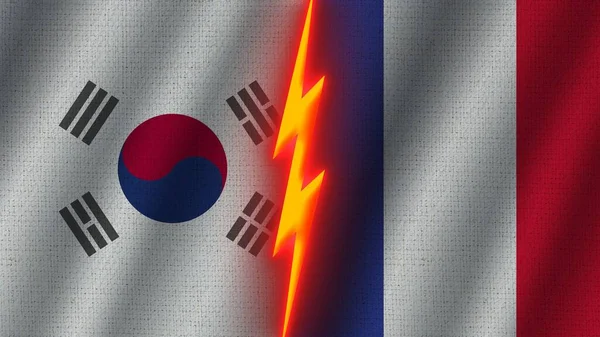 Frankrijk Zuid Korea Vlaggen Samen Golvend Stof Textuur Effect Neon — Stockfoto