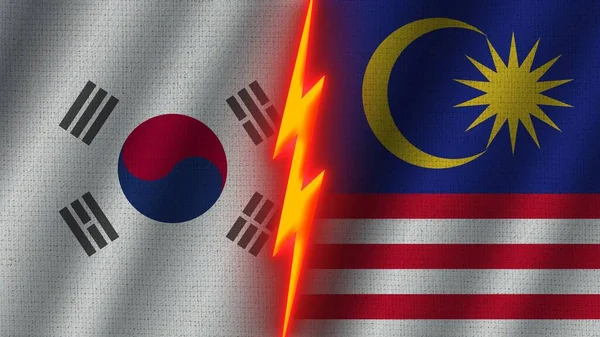Malaysia Och Sydkorea Flaggor Tillsammans Vågig Textur Effekt Neon Glow — Stockfoto