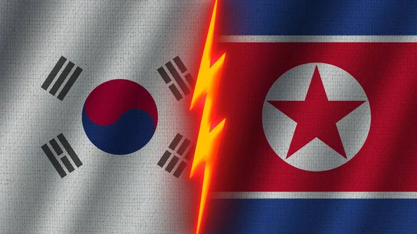 Kuzey Kore Güney Kore Bayrakları Dalgalı Kumaş Doku Efekti Neon — Stok fotoğraf