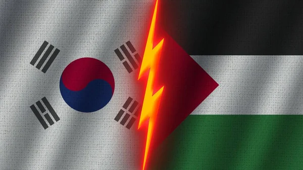 采购产品巴勒斯坦和韩国国旗在一起 波纹织物效果 霓虹灯效果 闪光雷声图标 危机概念 3D说明 — 图库照片
