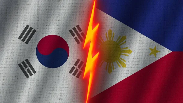 フィリピンと韓国の国旗一緒に 波織物テクスチャ効果 ネオングロー効果 輝く雷アイコン 危機の概念 3Dイラスト — ストック写真