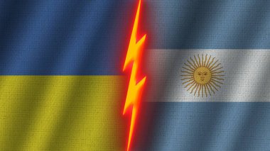 Arjantin ve Ukrayna Bayrakları Birlikte, Dalgalı Kumaş Doku Efekti, Neon Parıltısı Efekti, Parlayan Şimşek Simgesi, Kriz Konsepti, 3D İllüstrasyon