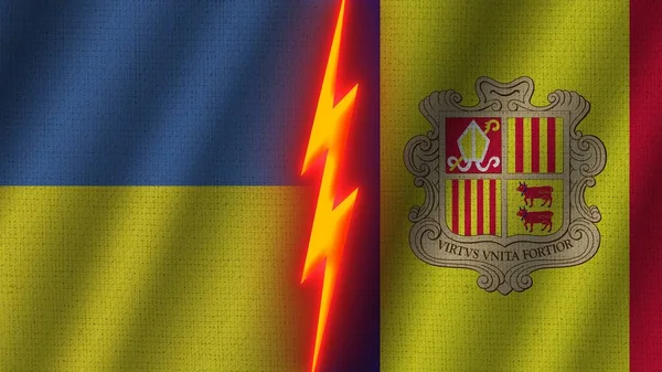 安道尔和乌克兰国旗一起 波威织物纹理效果 霓虹灯效果 闪光雷声图标 危机概念 3D图解 — 图库照片