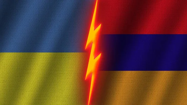 Armenien Och Ukraina Flaggor Tillsammans Vågigt Tyg Textur Effekt Neon — Stockfoto