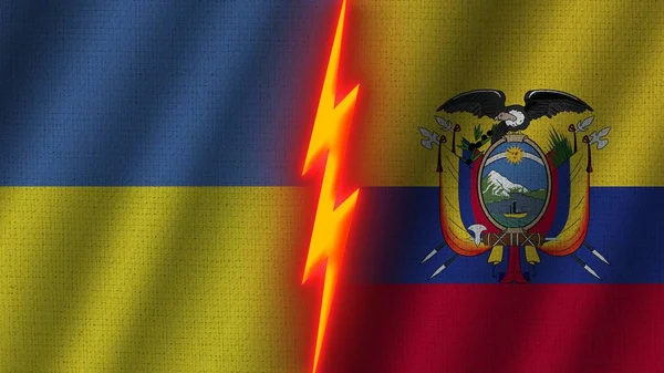 Ecuador Ukraine Flags Together Wavy Fabric Texture Effect Neon Glow — Stock Photo, Image