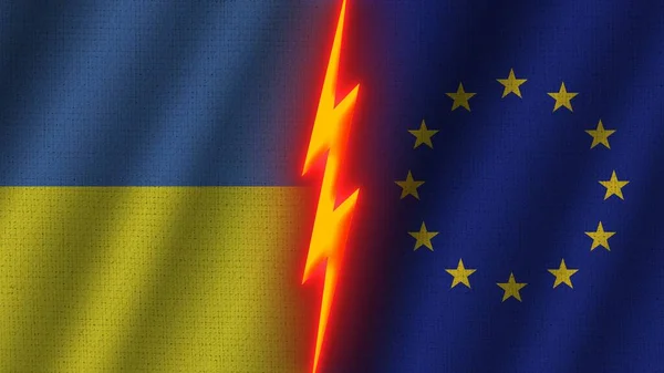Europäische Union Und Ukraine Flaggen Zusammen Wellengewebe Textur Effekt Neon — Stockfoto