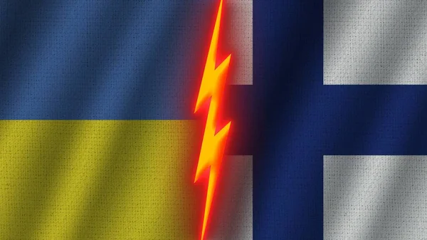 Finland Ukraine Flags Together Wavy Fabric Texture Effect Neon Glow — Stock Photo, Image