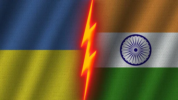 インドとウクライナの国旗一緒に 波織物テクスチャ効果 ネオングロー効果 輝く雷アイコン 危機の概念 3Dイラスト — ストック写真