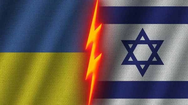 Israel Ukraine Flags Together Wavy Fabric Texture Effect Neon Glow — стокове фото