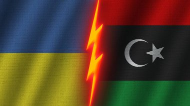 Libya ve Ukrayna Bayrakları Birlikte, Dalgalı Kumaş Doku Efekti, Neon Parıltısı Efekti, Parlayan Şimşek Simgesi, Kriz Konsepti, 3D İllüstrasyon