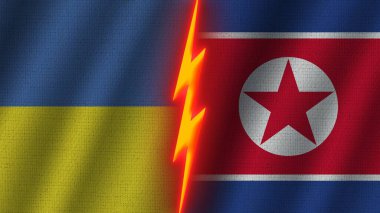 Kuzey Kore ve Ukrayna Bayrakları Birlikte, Dalgalı Kumaş Doku Efekti, Neon Parıltısı Efekti, Parlayan Şimşek Simgesi, Kriz Konsepti, 3D İllüstrasyon