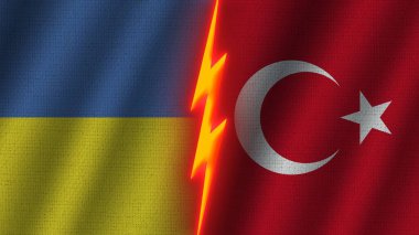 Türkiye ve Ukrayna Bayrakları Birlikte, Dalgalı Kumaş Doku Efekti, Neon Parıltısı Efekti, Parlayan Gök Gürültüsü Simgesi, Kriz Konsepti, 3D İllüstrasyon