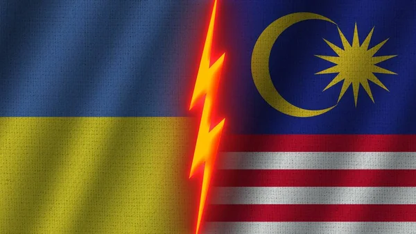 Malaysia Ukraine Flags Together Wavy Fabric Texture Effect Neon Glow — 스톡 사진