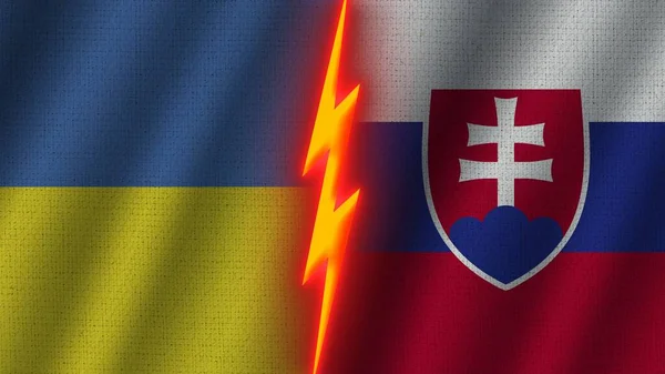 Slovakia Ukraine Flags Together Wavy Fabric Texture Effect Neon Glow — стокове фото