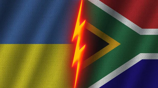 Sydafrika Och Ukraina Flaggor Tillsammans Vågigt Tyg Textur Effekt Neon — Stockfoto